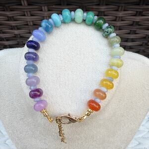 7-9" Ombre Rainbow Gemstone Bracelet, Quartz, Amethyst, Jade, Colorful, Dopamine